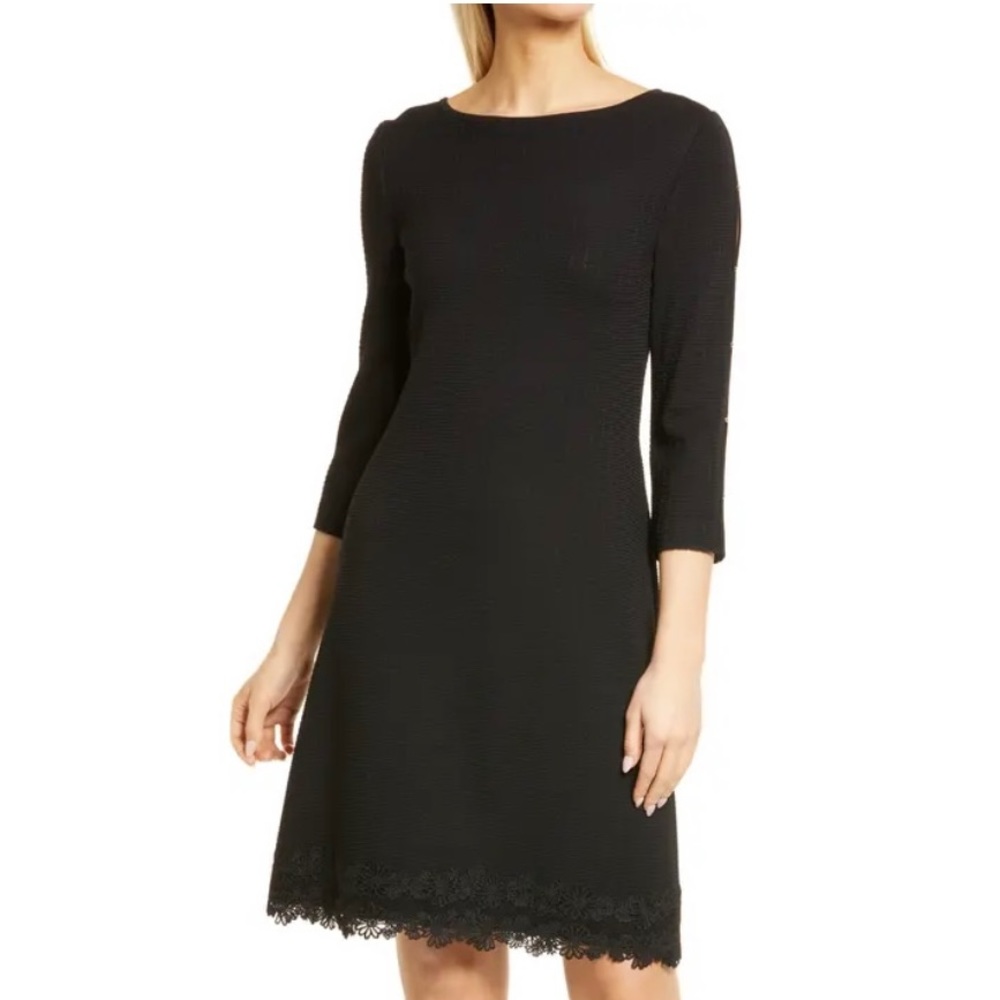 Lace Trim Wrinkle Resistant Open Sleeve Knit Dress